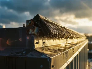 Verweerde vleermuisafweer borstelsysteem op dakrand met regendruppels en ijskristallen na storm, dramatisch zonlicht