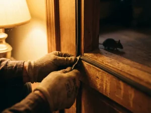 Huiseigenaar installeert tochtstrip rond houten deurframe om gaten te dichten tegen muizen