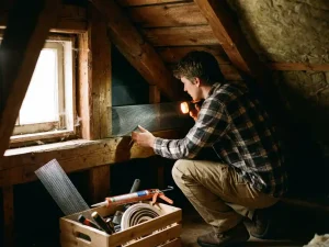 Huiseigenaar installeert draadgaas over ventilatieopening in houten zolder met zichtbare balken en isolatie