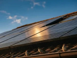 Zonnepanelen op woonhuis met zwarte vogelwering, vogels op dakpannen, blauwe lucht, gouden uurtje verlichting