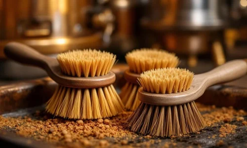 Professionele slakkenborstels met fijne haren naast roestvrijstalen bierbrouwapparatuur in warm natuurlijk licht