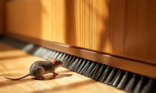 Bruine borstelstrip barrière onder houten deur blokkeert grijze muis, dichte nylon haren voorkomen toegang