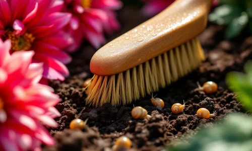 Gespecialiseerde borstel verwijdert tuinslakken van roze dahlia's met dauwdruppels in ochtendlicht
