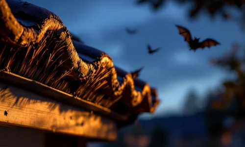 Borstelstrip tegen vleermuizen wordt geïnstalleerd onder dakpannen bij schemering met vleermuis op achtergrond