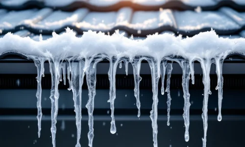 Dakgoot in winter met ijspegels naast ijsvrij gedeelte met vogelwerende borstels die waterafvoer waarborgen