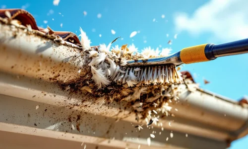 Verstopte dakgoot met vogeluitwerpselen en veren wordt schoongemaakt met professionele borstel tegen blauwe lucht