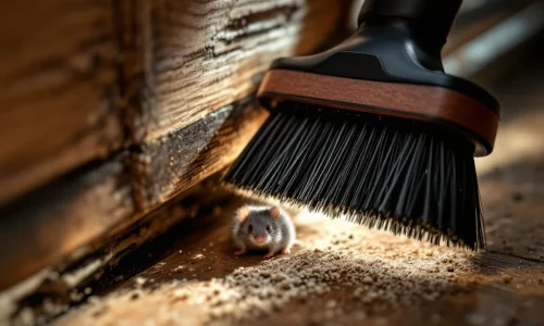 Borstel met stijve haren geïnstalleerd onder houten deur blokkeert muizengat, grijze muis op achtergrond