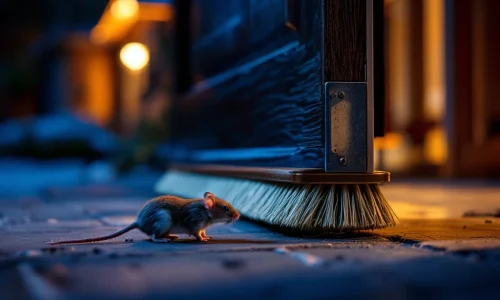 Deurborstelborstel blokkeert muis bij deuropening, close-up met contrast tussen warm binnen- en buitenlicht