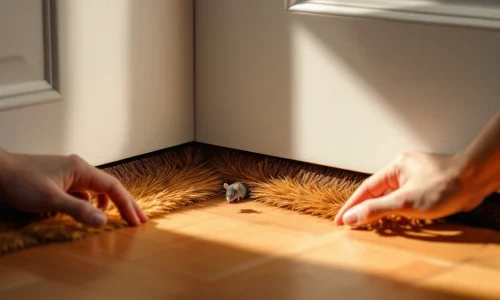 Handen installeren bruine borstelstrip onder witte houten deur om spleet te dichten tegen ongedierte