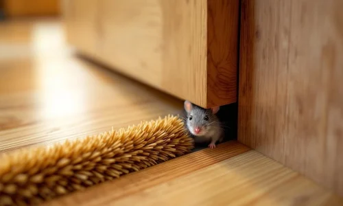 Grijze muis kruipt door opening onder houten deur met bruine borstel afdichtingsstrip klaar voor installatie