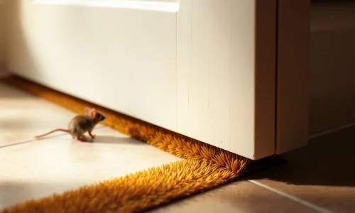 Bruine strip borstel geïnstalleerd onder witte deur blokkeert muis op tegelvloer, knaagdierbescherming