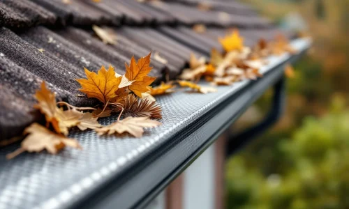 Dakgoot met geïntegreerde fijnmazige gaas en borstelstijl bladvangers, herfstbladeren op bruine borstels, Nederlandse woning op achtergrond