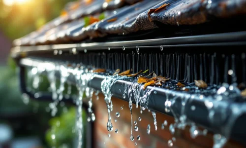 Zwarte gootborstels in dakgoot met waterdruppels, bladeren worden tegengehouden terwijl water doorstroomt