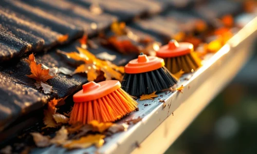 Drie gootreinigers in verschillende maten liggend in een dakgoot vol herfstbladeren en vuil