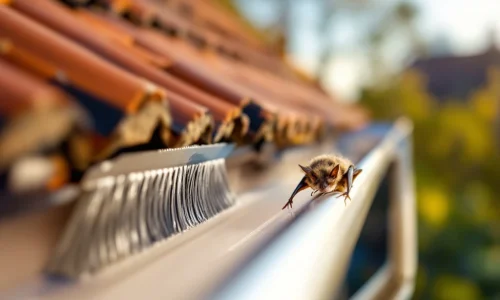 Gootborstel-beschermingssysteem tegen vleermuizen op Nederlands pannendak met daglicht en regengoot