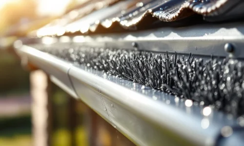 Aluminium regengoot met vogelverende borstel geïnstalleerd, waterdruppels zichtbaar op metalen oppervlak in ochtendlicht