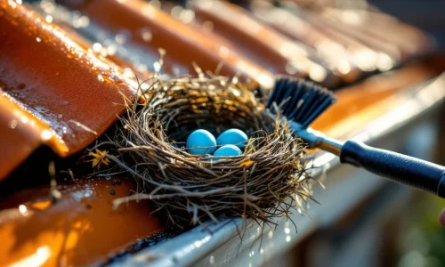 Gutterborstel verwijdert vogelnest met blauwe eieren uit verstopte dakgoot bij oranje pannen