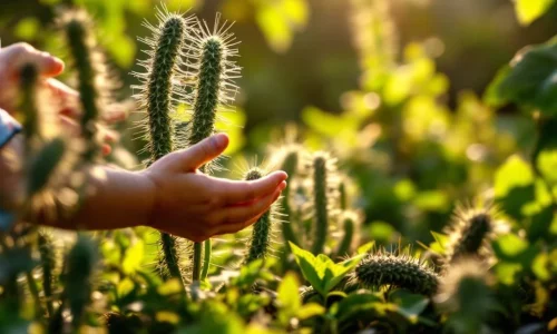 Kind steekt handen uit naar stekelige slakkenborstels in weelderige groene tuin met natuurlijk zonlicht