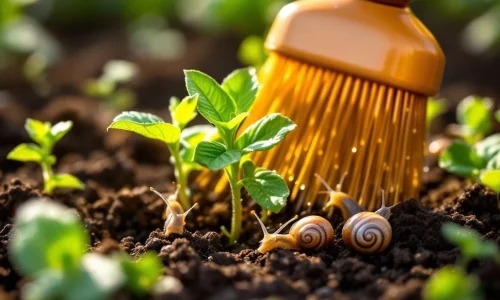 Koperen borstel beschermt groene tuinplanten tegen slakken in ochtenddauw, natuurlijke ongediertebestrijding