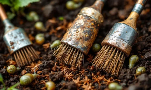 Koperen slakkenborstels in verschillende stadia van slijtage in tuinomgeving met groene slakken op donkere aarde