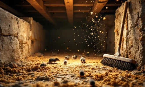 Kruipruimte met muizen langs houten balken, professionele schoonmaakgereedschappen en isolatiemateriaal zichtbaar