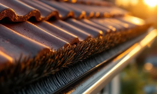 Anti-marter borstel met stijve haren geïnstalleerd op dakgoot, weert steenmarter af, professionele kwaliteit op Nederlands dak