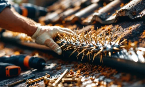 Handen installeren marter afweerborstels op dakgoot met gereedschap, close-up van spitse metalen borstelharen