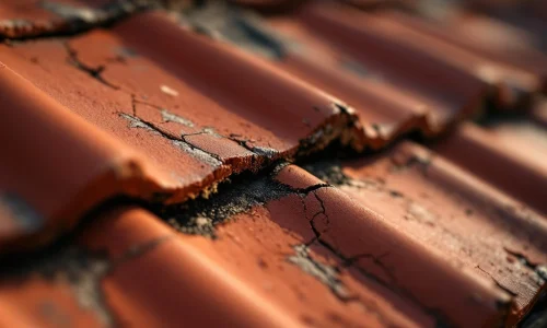 Zwarte borstelborstel voor marterafweer geïnstalleerd op beschadigde rode dakpannen met scheuren en gaten