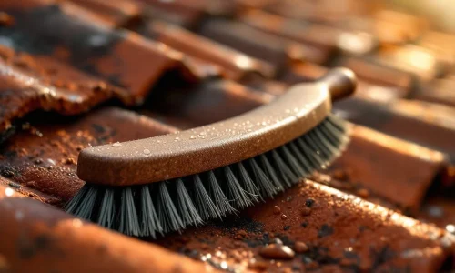 Marter afweerborstel met stijve haren op Nederlandse dakpannen, dauwdruppels tonen weerbestendigheid