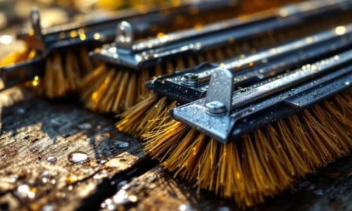 Professionele marter afweerborsels met stevige borstelharen en metalen bevestiging op houten ondergrond