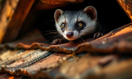 Steenmarter kijkt vanuit dakspanten terwijl anti-marter borstels dakgoten en pannen beschermen tegen ongedierte