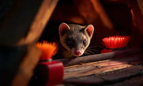 Steenmarter in dakspanten met oranje en rode afweerborstel barrières rond dakgoten voor ongediertebestrijding