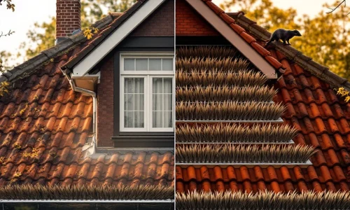 Nederlands huis met anti-marter borstelsysteem geïntegreerd in dakgoot, vergelijking voor en na installatie