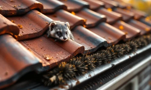 Rode dakpannen met anti-marter borstels langs dakrand en goot, steenmarter gedeeltelijk zichtbaar tussen pannen