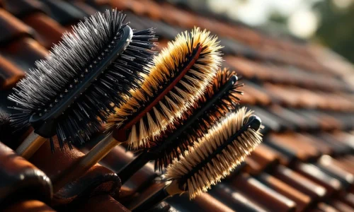 Professionele marter afweerborsels met verschillende borstelmaterialen tegen Nederlandse dakpannen achtergrond