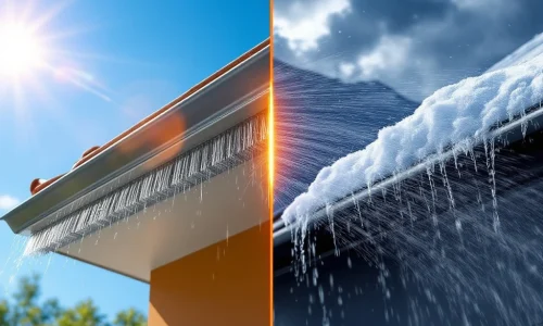 Marter afweerborstel op dakgoot in zonnig en regenachtig weer, toont duurzaamheid en weerbestendigheid