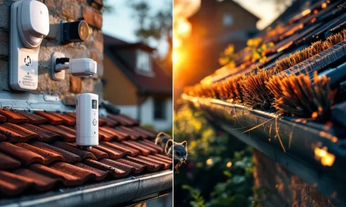 Marter afweermiddelen geïnstalleerd rondom huis: ultrasone apparaten, sensoren en afweerborstels op dakgoot tegen steenmarters