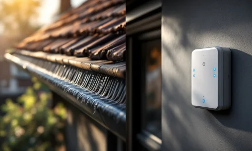 Vergelijking van marterverwering: anti-martenborstel op dakgoot links, ultrasone afweereenheid op huismuur rechts