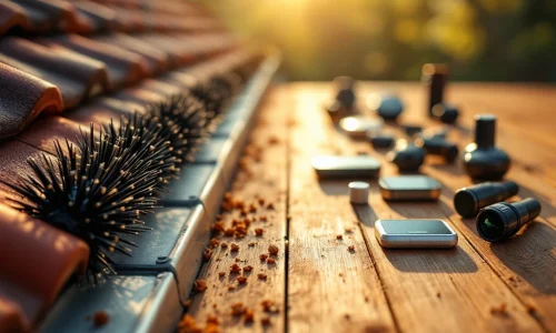 Vergelijking van traditionele marter afweerborsels op dakgoot links en moderne alternatieven zoals ultrasone apparaten rechts