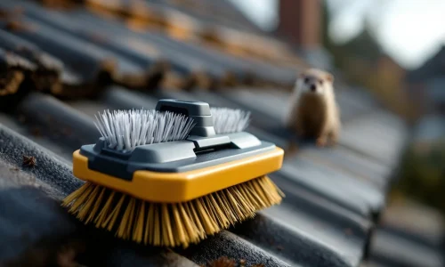 Anti-marter borstel met stijve haren op dakrand naast donkere dakpannen, marter op afstand zichtbaar