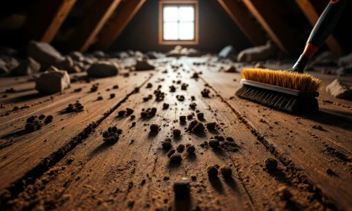 Martersporen en uitwerpselen op stoffige zoldervloer met anti-marterborstels als professionele bestrijdingsoplossing