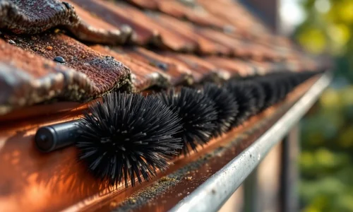 Professionele marter afweerborstel geïnstalleerd in koperen dakgoot met Nederlandse dakpannen op achtergrond