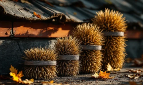 Marter afweerkwasten in verschillende maten op dakpannen, van klein naar groot gerangschikt met natuurlijke bruine borstels