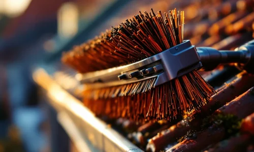Professionele marter afweerborstel met stijve haren op Nederlands dak, gouden uurtje verlichting benadrukt textuur