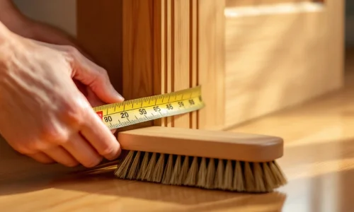 Handen meten met meetlint de opening onder houten deur, bruine borstel ernaast voor juiste maat selectie