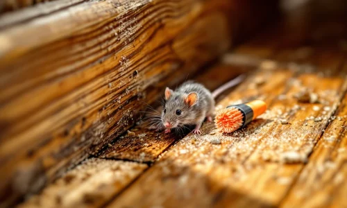 Muis probeert door spleet te kruipen terwijl borstelstrip en kit aangrenzende kieren in plinten afdichten