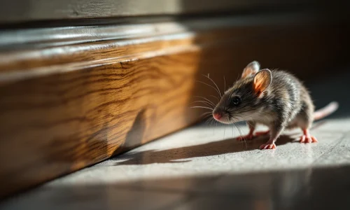 Grijze muis bij houten plint met professionele schoonmaakborstels als barrière tegen ongedierte