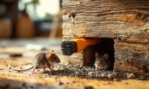 Professionele borstel blokkeert muizengat in houten fundering van Nederlands huis