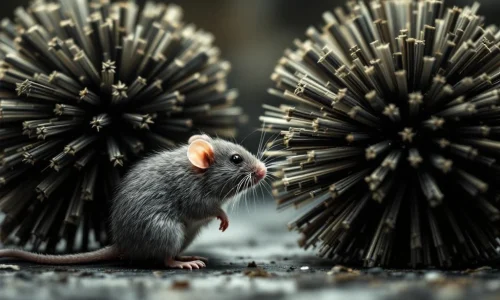 Grijze muis probeert voorbij industriële reinigingsborstels met stijve haren te navigeren in close-up shot
