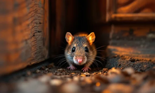 Huismuis kruipt door smalle opening onder houten deurdrempel met zichtbare afdichtingsrubber en warme binnenverlichting.